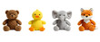 © PNG Stock - A charming collection of plush animal toys featuring a bear, duck, elephant, and fox sitting in a row. Isolated on transparent background, png