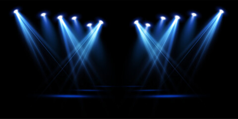 Wall Mural - Blue Stage Spotlight – Vector Illustration of Bright Beam Striking Through Darkness, Theatre Light Effect for Concerts, Performances, Club Shows, Party Events, and Night Scenesые RGB	