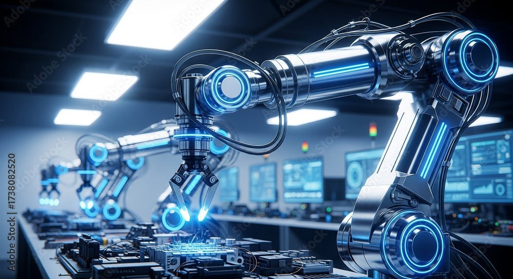 Computer Science Automated Machine Automated robotic arms working on circuit boards in a modern factory ...