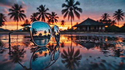 Wall Mural - Sunglasses reflecting a tropical beach scene at sunset with palm trees and a building.