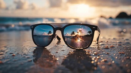 Wall Mural - Sunglasses reflecting a tropical beach scene with palm trees and ocean at sunset.