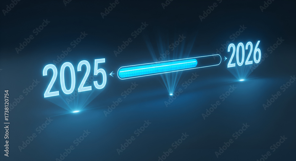 Progress bar indicating transition from 2025 to 2026 with futuristic ...