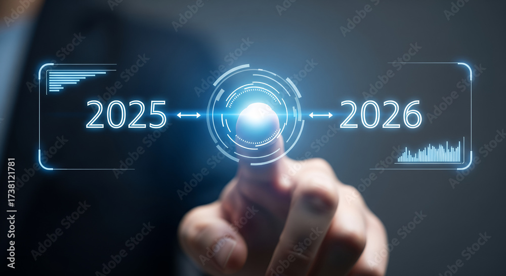 Transitioning from 2025 to 2026 with a futuristic interface and a hand ...