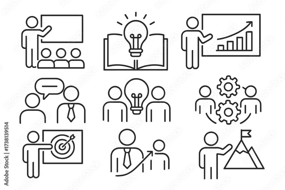 Workshop and training icon set. Editable thin line stroke icons for ...