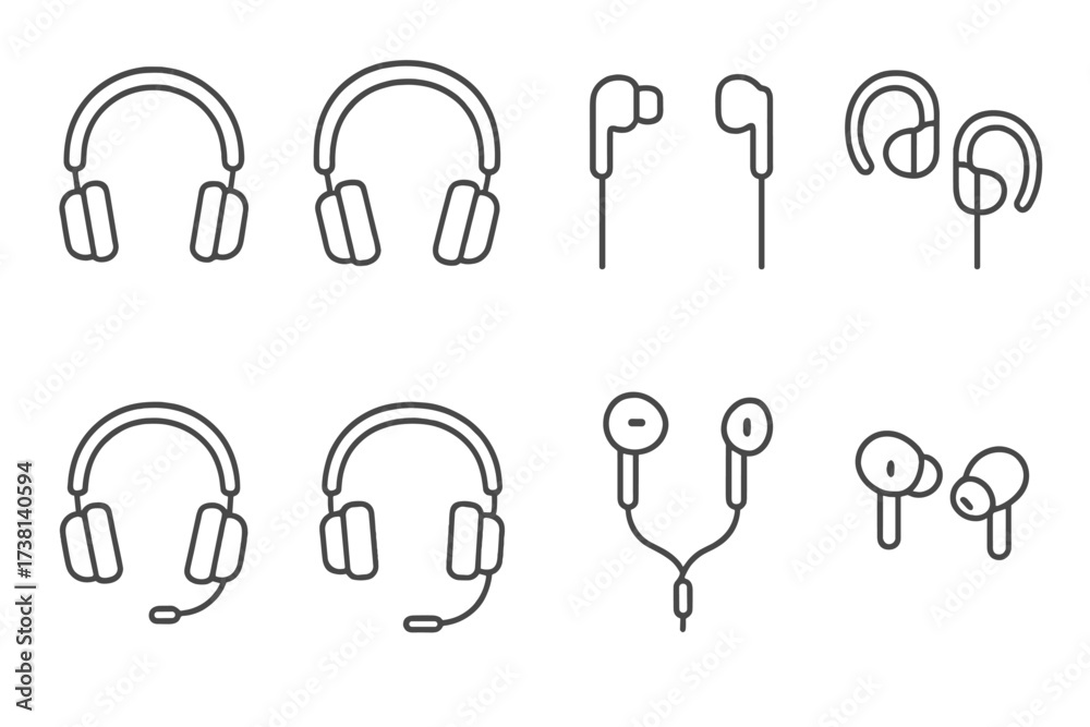 Headphones and earphones line icon set. Collection of audio device ...