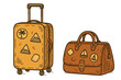 © Nadel - Travel bags for vacation. Summer luggage, suitcase and leather bag with stickers. Retro style vector. Hand drawn doodle illustration icons. Tourism concept. Adventure and holiday journey.