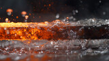 Close-up of glowing hot iron being quenched in cold water. Steam rises, water bubbles and sizzles. Captured in super slow motion with high-speed camera. Concept of metal forging and cooling.