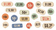 © Muzayyan - Collection of vintage style price tags and stickers displaying various prices and discounts