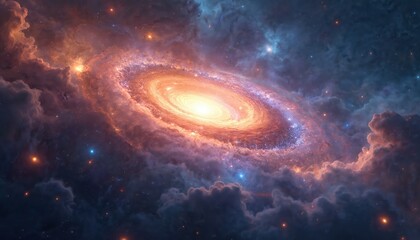 Wall Mural - Vibrant spiral galaxy glows brightly in deep space with stunning colors. Colorful nebulae, cosmic clouds surround sparkling stars. Celestial body shows universe beauty, light. Inspires sense of
