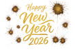 © Bellie - Happy New Year 2026 greeting. Golden calligraphic lettering with brush paint texture. Vector illustration for New Year's Eve celebration with shiny gold fireworks background.