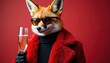 © Vadym - Stylized fox in red fur coat wears sunglasses holding champagne flute. Anthropomorphic animal poses elegantly with bubbly drink in studio, celebrating a holiday.