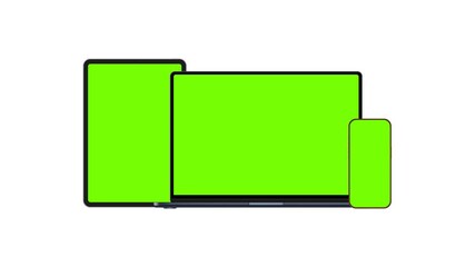 Wall Mural - Animated laptop, tablet and smartphone mockup with green screens and zoom effect. Ideal for app promotion, UI design, digital presentations and advertising