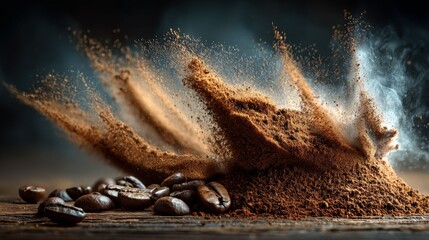 Coffee Bean Explosion: Captivating coffee bean and ground coffee exploding outwards, showcasing rich texture and bold aroma, a perfect visual for those passionate about coffee.