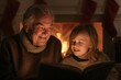 © Maria - Grandparent reading holiday story to curious child by warm crackling fireplace