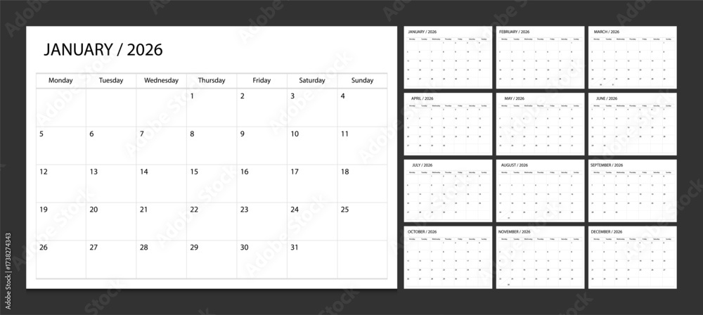 Calendar 2026 week start Monday corporate design planner template ...