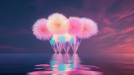Colorful fireworks are exploding over the calm water at night, creating beautiful reflections and illuminated clouds.