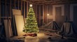 © Muhammad - Christmas tree glowing with warm lights in unfinished home renovation, festive celebration, holiday spirit