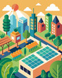 © Justlight - A rooftop garden in the heart of the city adorned with solar panels that provide clean energy to neighboring buildings.. Vector illustration