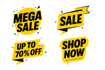 Wall Mural - Set of sale banners. Special offer discount tags. Mega sale sticker collection. Up to 70% off label. Shop now button. Promotion badge for retail, advertising. Vector illustration.