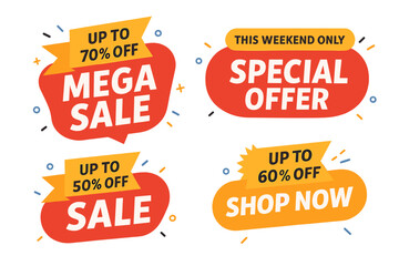 Wall Mural - Super sale banner tag collection. Special offer sticker set. Discount and mega sale badge design. Shop now, weekend only promotion. 50, 60, 70 percent off vector illustration.