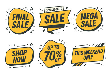 Wall Mural - Sale tags vector set. Special offer and mega sale banner collection. Final sale, shop now, this weekend only labels. Up to 70% off discount stickers for retail promotion.