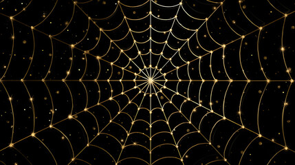 Seamless vector spiderweb lattice, symmetrical geometry with metallic gold lines, matte black background, high contrast elegant luxury Halloween wallpaper