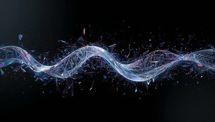 Abstract glowing blue wave of particles and light trails on a dark background