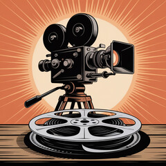 a minimalist illustration of a vintage movie camera silhouette in black against a bright orange sunb