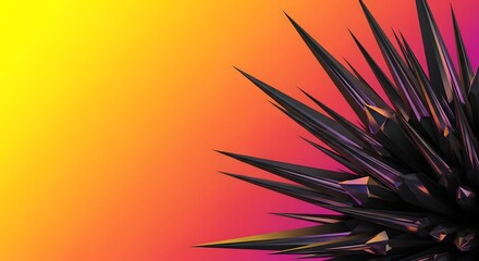 Abstract spiky dark metallic object with sharp points against a vibrant yellow to pink gradient background