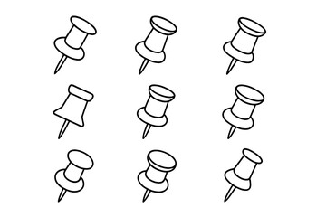 Push pin thumbtack simple line icon set. Office and school stationery collection. Vector outline illustration for web, apps. Editable stroke map marker and reminder symbol.