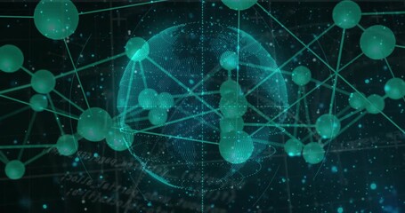 Wall Mural - Faint 3D dotted globe appearing driving spheres linking glowing lines forming data network