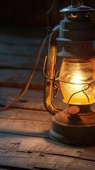 Wall Mural - A cozy scene of a lit lantern on a wooden dock, perfect for evening or nighttime use