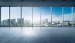 © Erica - empty floor and cityscape of modern city from window large hall store interior lab perspective wide angle