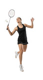 Athletic woman playing badminton mid air action shot isolated on transparent background