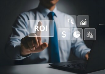 A businessman interacting with roi button and financial icons on a digital interface screen display