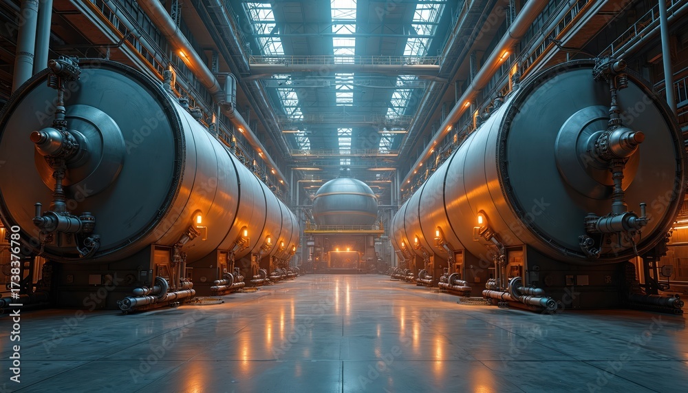 Huge industrial tanks and spherical structure inside manufacturing ...