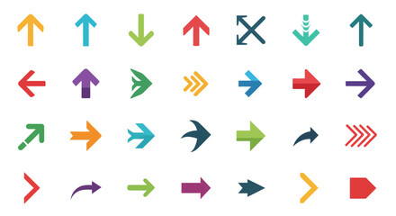 Colorful arrow collection pointing in various directions on a white background offering diverse navigation and directional options for graphic design and user interface projects with a clean and moder