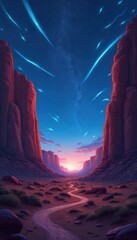 Wall Mural - digital illustration of desert canyon with a meteor shower against night sky. scenic landscape shows