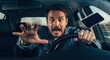 © dreamdes - Caucasian man driver screaming, looking scared and reaching out as smart phone falls while driving. Distracted driving is dangerous concept.