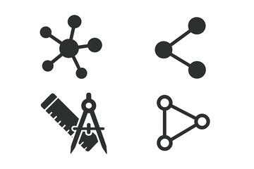 Vector icon set of connection and design symbols. Includes network, hub, share, molecule, and drafting tools. Flat glyphs for technology, data, web, engineering, and science.