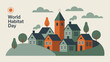 © VectorCraze - World Habitat Day illustration with colorful village homes, trees, and sun—celebrating sustainable living and inclusive housing awareness