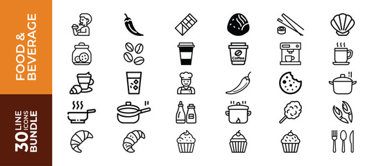 Food and beverage line icons bundle, isolated on white background