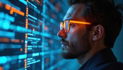 Hacker works with UI. Programmer analyzes source code on screen. Concept of cyber security data digital safety. Developer programs software with futuristic interfaces, AI assistance. Young man