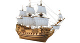 Isolated sailing frigate with intricate wood details and full sails, ready to set sail