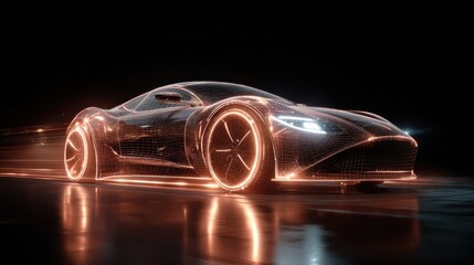 Wall Mural - Futuristic 3D Wireframe Car Glowing in Rotating Display Animation