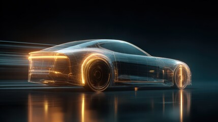 Canvas Print - futuristic glowing 3d wireframe car rotating on dark background