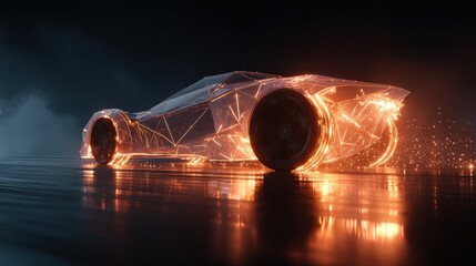 Wall Mural - Futuristic Rotating 3D Wireframe Car with Glowing Elements