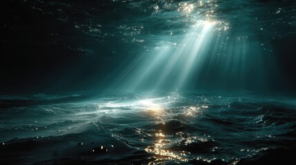 Wall Mural - Ethereal Blue Water Background with Rays of Light Shining Through