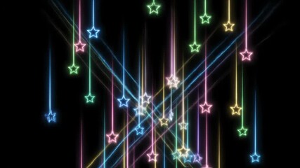 Wall Mural - Colorful Neon Star Rain on Black Background - A backdrop of glowing neon stars hanging on lines of various colors against a black background, evoking a sense of wonder and magic.