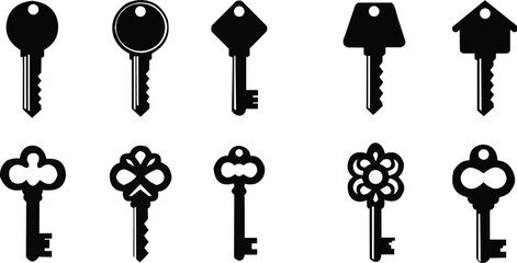 Antique key silhouettes. Medieval and modern keys, black vintage shapes set. Open door symbols, privacy and escape. Abstract tidy vector elements